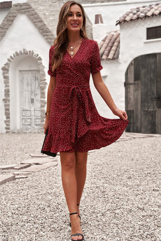 Ruffle Dotted Wrap Dress - Red