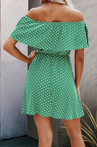 Polka Dot Off Shoulder Dress - Green