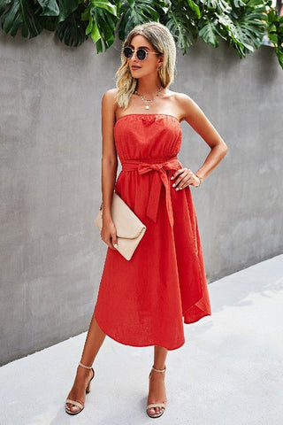 Chiffon Strapless Maxi Dress - Red
