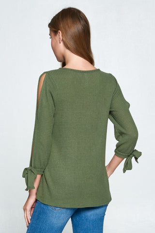 Waffle Weave Tie Sleeve Top - Olive