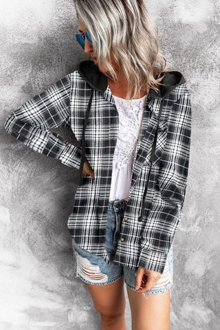 Lightweight Flannel Plaid Hooded Top - Black