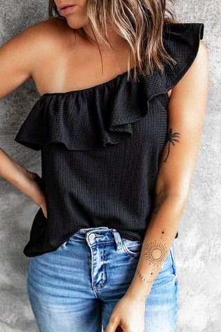 Crinkle Fabric One Shoulder Top - Black