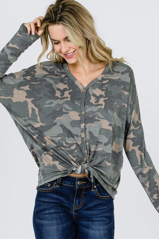Button Up Hooded Camo Top