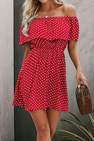 Polka Dot Off Shoulder Dress - Red