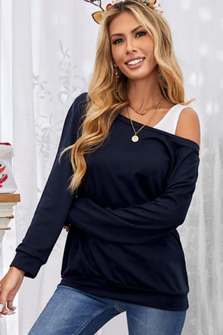 Off Shoulder Casual Sweatshirt - Navy