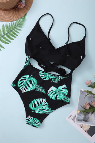 Cross Wrap One Piece Swimsuit - Green and Black