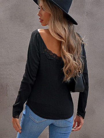 Lace Detail Henley Top - Black