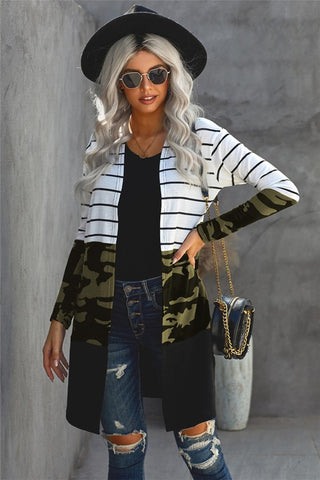 Long Striped Color Block Cardigan - Camo