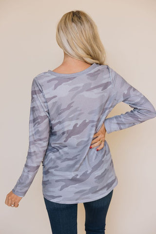 Button Detail Camo Top