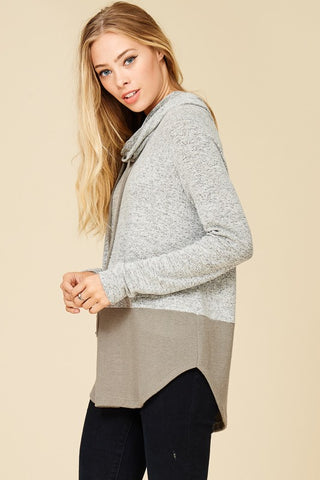 Color Block Cowl Neck Top - Olive and Grey