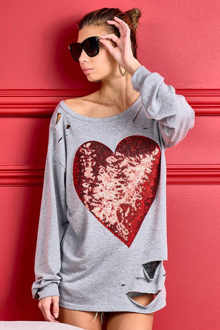 Laser Cut Sequined Heart Top - Gray