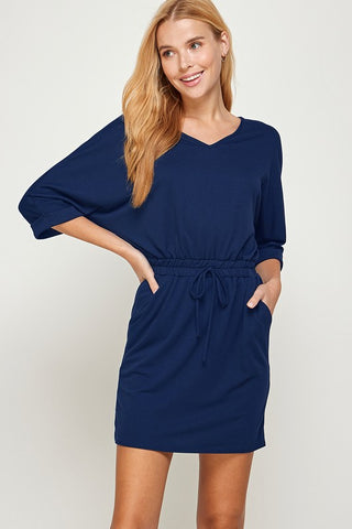 Casual Elastic Waist Dress - Navy