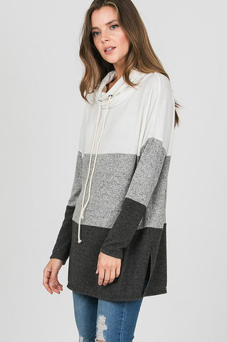 Cozy Cowl Neck Color Block Top - White and Charcoal