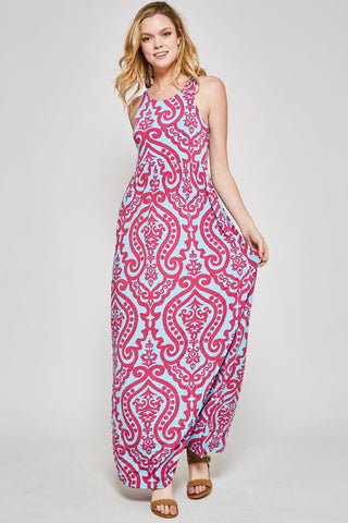 Garden Party Maxi Dress - Fuchsia and Aqua Damask