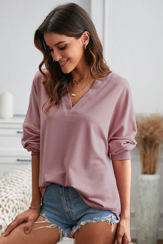 Casual Pullover Top with Buttons - Pink