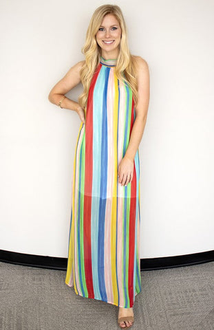 Rainbow Stripes Halter Maxi Dress by Peach Love