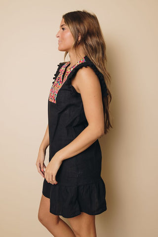 Embroidered Shift Dress with Pom Poms - Black