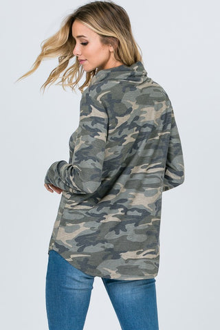 Camo Cowl Neck Top - Olive
