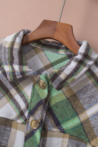 Flannel Plaid Button Up Shacket with Pockets - Green