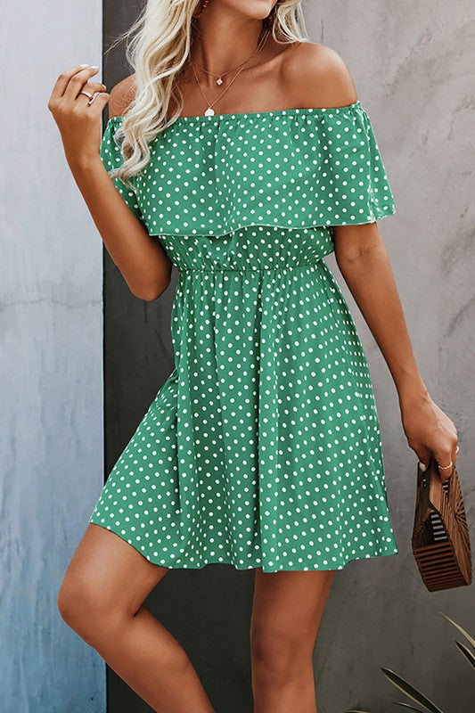 Polka Dot Off Shoulder Dress - Green | Blue Chic Boutique Polka Dot Off Shoulder Dress - Green | Blue Chic Boutique