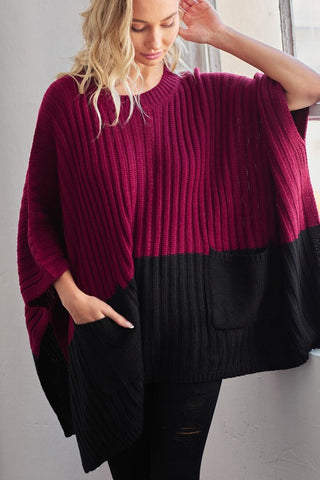 Sweater Poncho with Pockets - Wine and Black