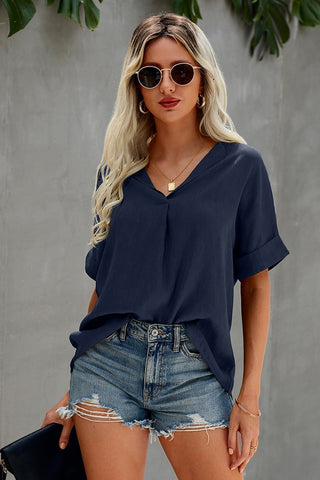 Linen Feel V-Neck Top - Navy