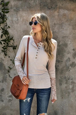 Crochet Sleeve Henley Top - Beige