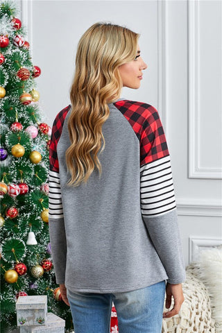 Light Gray Buffalo Plaid and Striped Top - Red