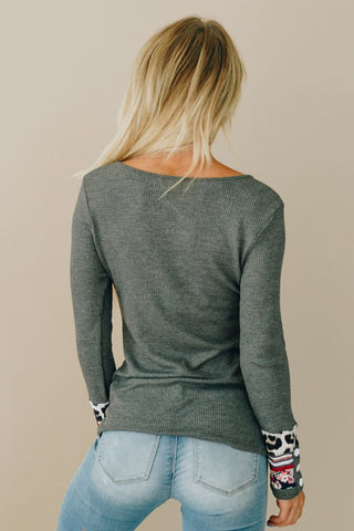 Button Cuff Ribbed Top - Charcoal