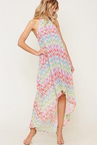 Pastel Rainbow Zig Zag Halter Maxi Dress