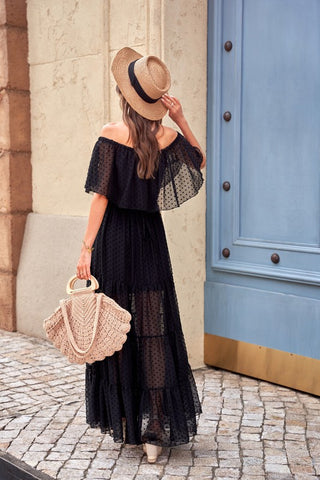 Off Shoulder Swiss Dot Maxi Dress - Black