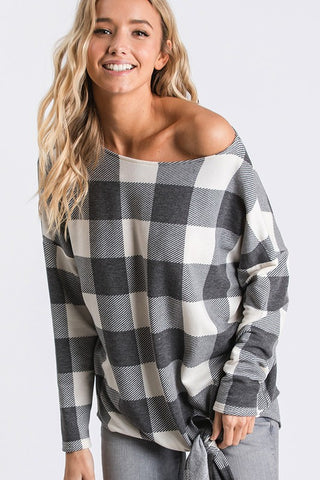 Ivory and Black  Buffalo Plaid Tie Top