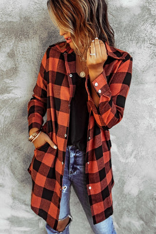 Duster Length Snap Flannel Plaid Shirt - Red