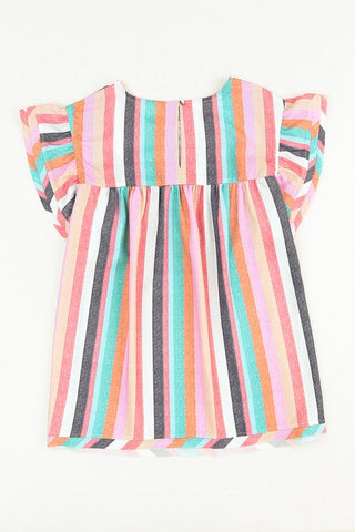 Linen Colorful Striped Ruffle Sleeve Top - Pastel