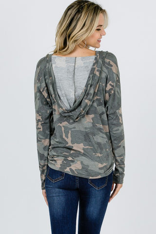 Button Up Hooded Camo Top