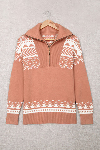 Aztec Zip Up Sweater - Pink