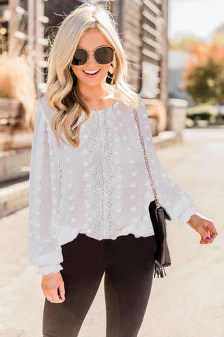 Swiss Dot Lantern Sleeve Top - White
