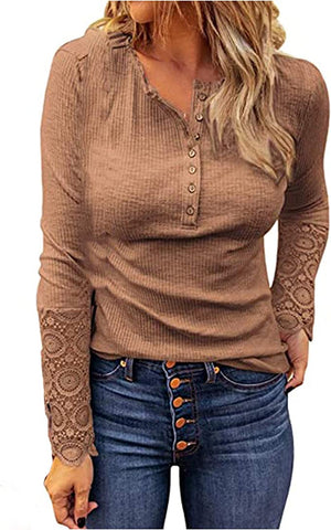 Crochet Sleeve Henley Top - Brown