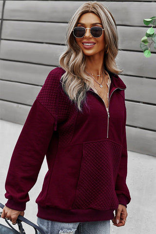 Quilted Zip Up Pullover - Burgundy