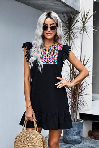 Embroidered Shift Dress with Pom Poms - Black