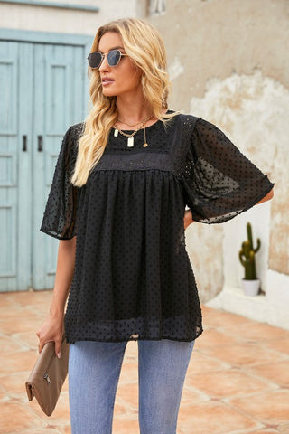 Swiss Dot Half Sleeve Top - Black