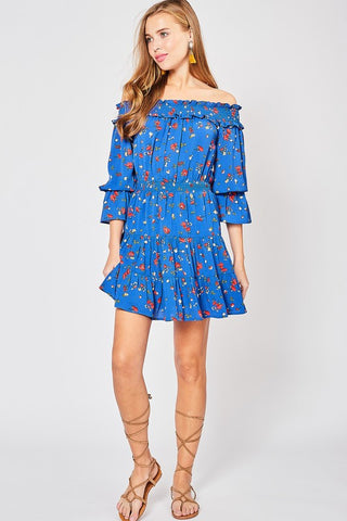 Spring Floral Off Shoulder Dress - Royal