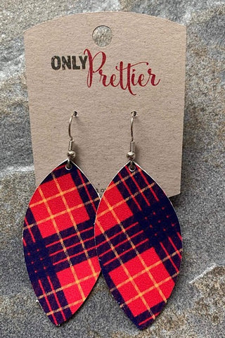 Plaid Leather Earrings - Red and Navy