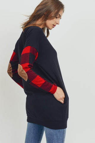 Elbow Patch Buffalo Plaid Tunic Top - Black