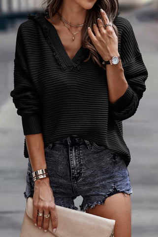 V-Neck Sweater Hoodie - Black