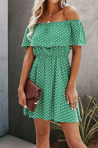 Polka Dot Off Shoulder Dress - Green