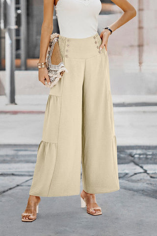 Button Detail Gaucho Pants - Khaki