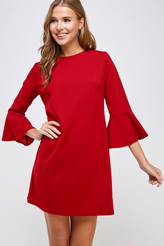 Bell Sleeve Shift Dress - Red Bell Sleeve Shift Dress - Red