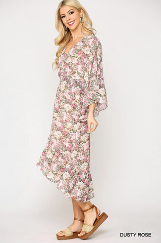 Chiffon Floral Kimono Sleeve Dress - Rose