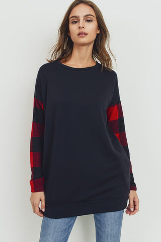 Elbow Patch Buffalo Plaid Tunic Top - Black